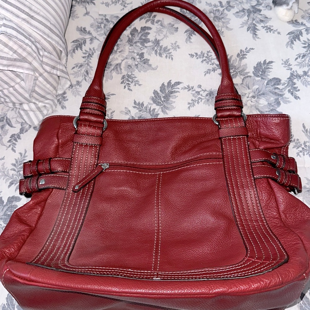 - Tignanello Red Pebble Leather Shoulder Bag with Double Strap -